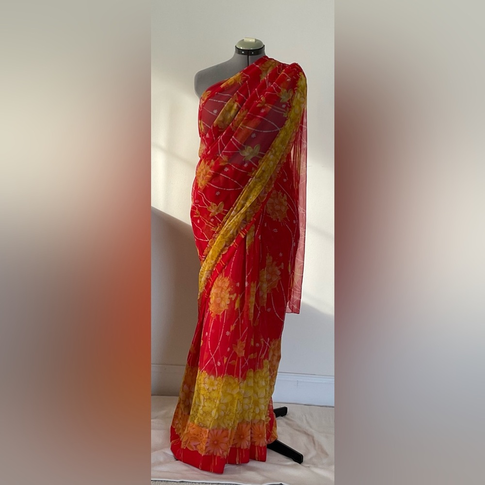 Vintage chiffon georgette, beautiful red and yellow printed saree